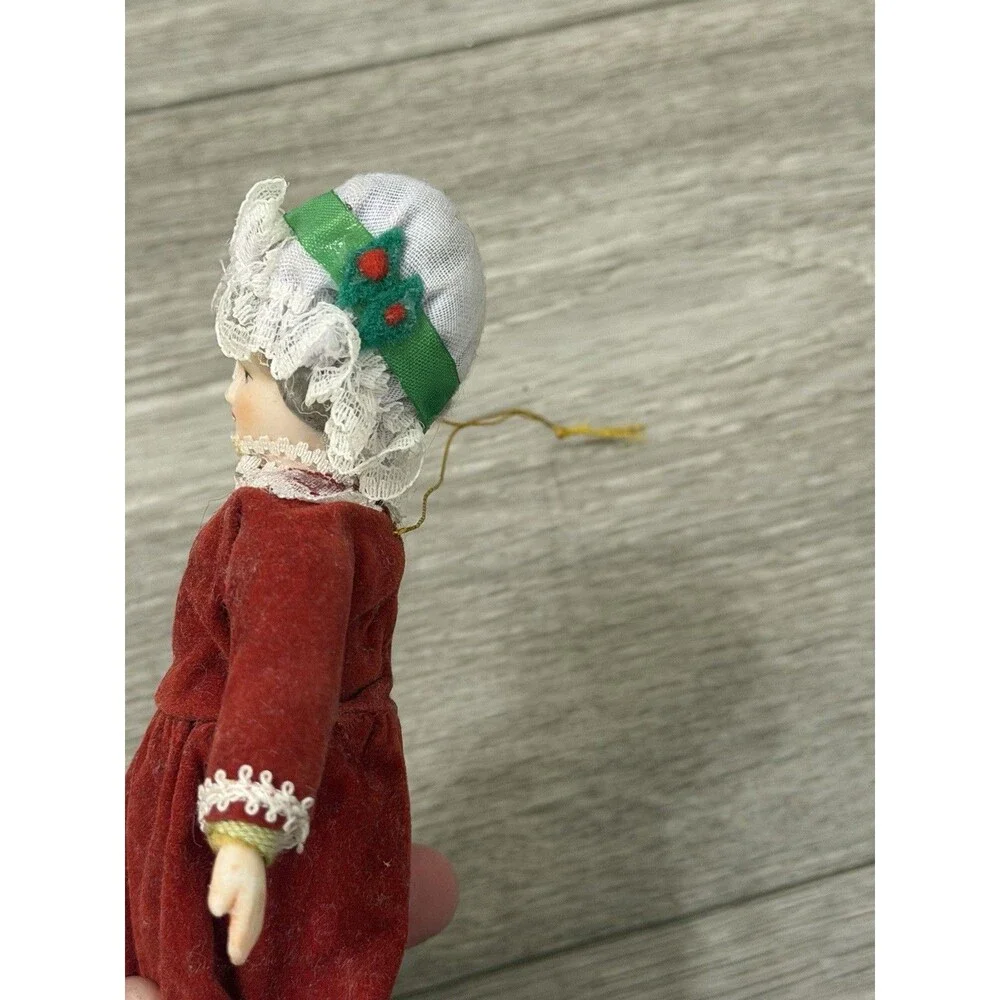 VTG Victorian Style Porcelain Woman Doll Red Velvet Dress/Holly Bonnet Ornament